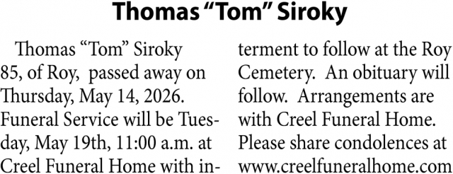 Thomas Siroky, Obituaries, Glendive, MT