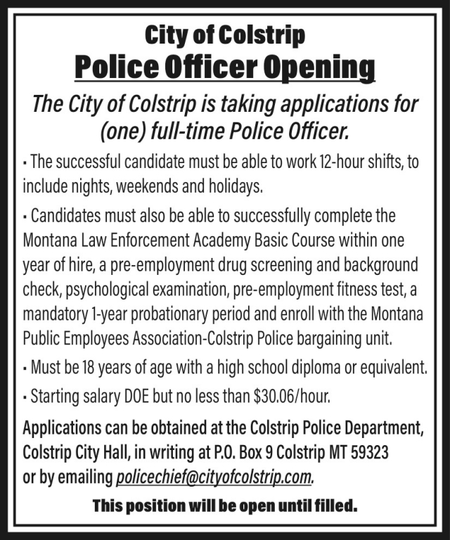 Police Officer, City of Colstrip, Colstrip, MT