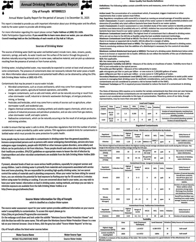 Annual Drinking Water Quality Report, City of Forsyth, Forsyth, MT