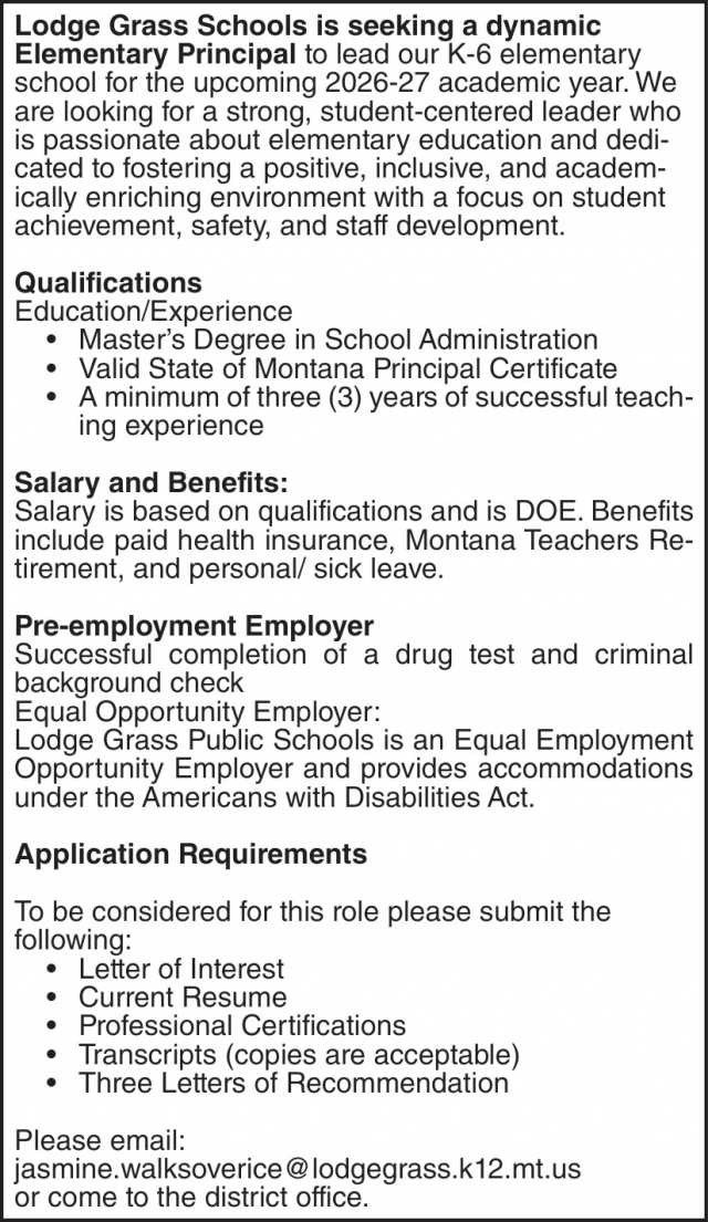 Elementary Principal, Lodge Grass Public Schools