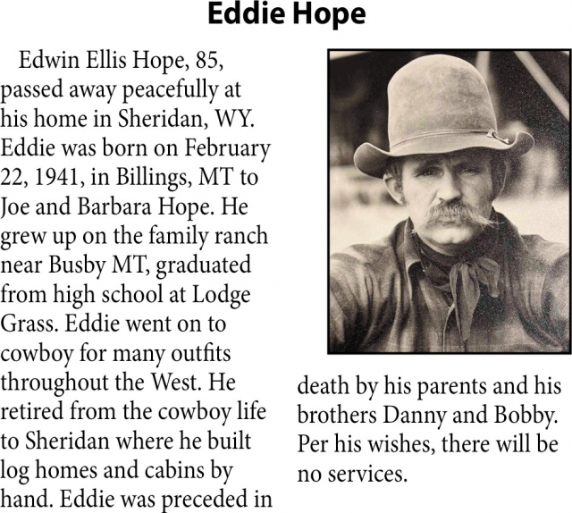 Eddie Hope, Obituaries, Glendive, MT