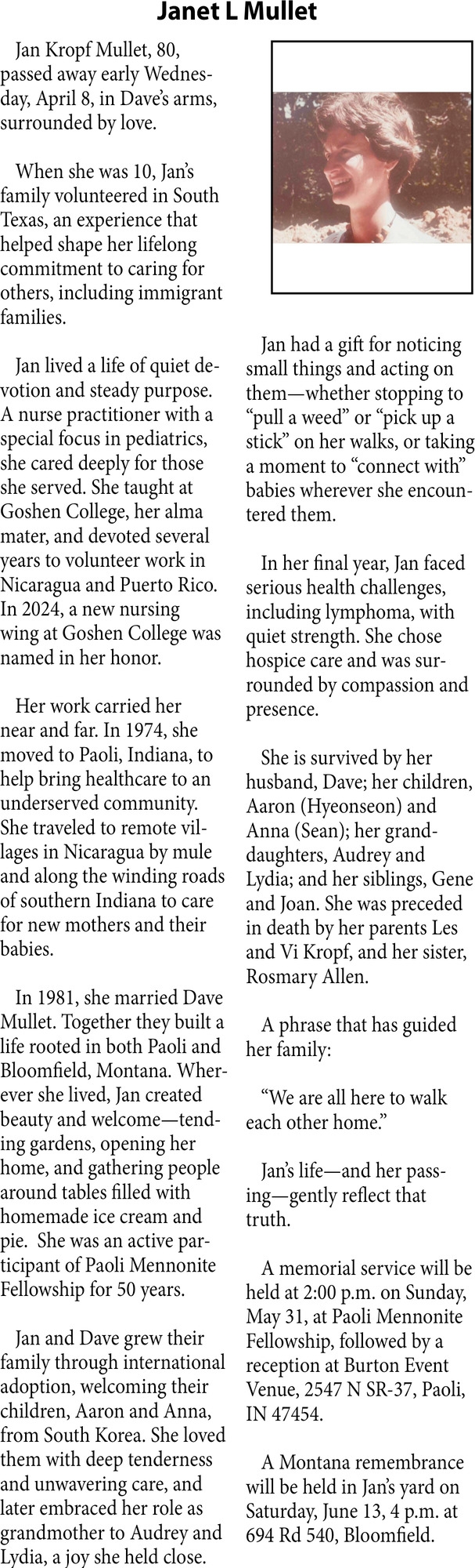Janet L Mullet, Obituaries, Glendive, MT
