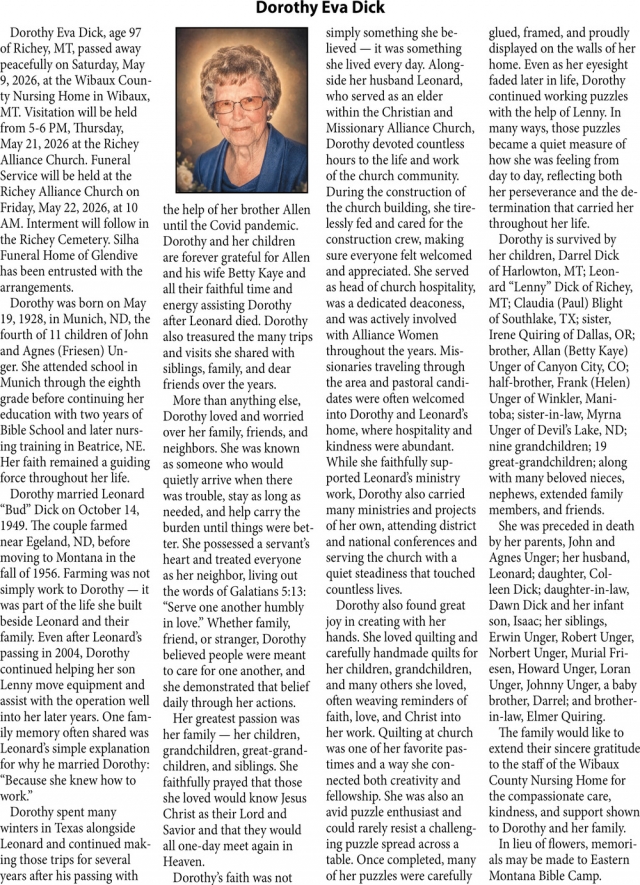 Dorothy Eva Dick, Obituaries, Glendive, MT