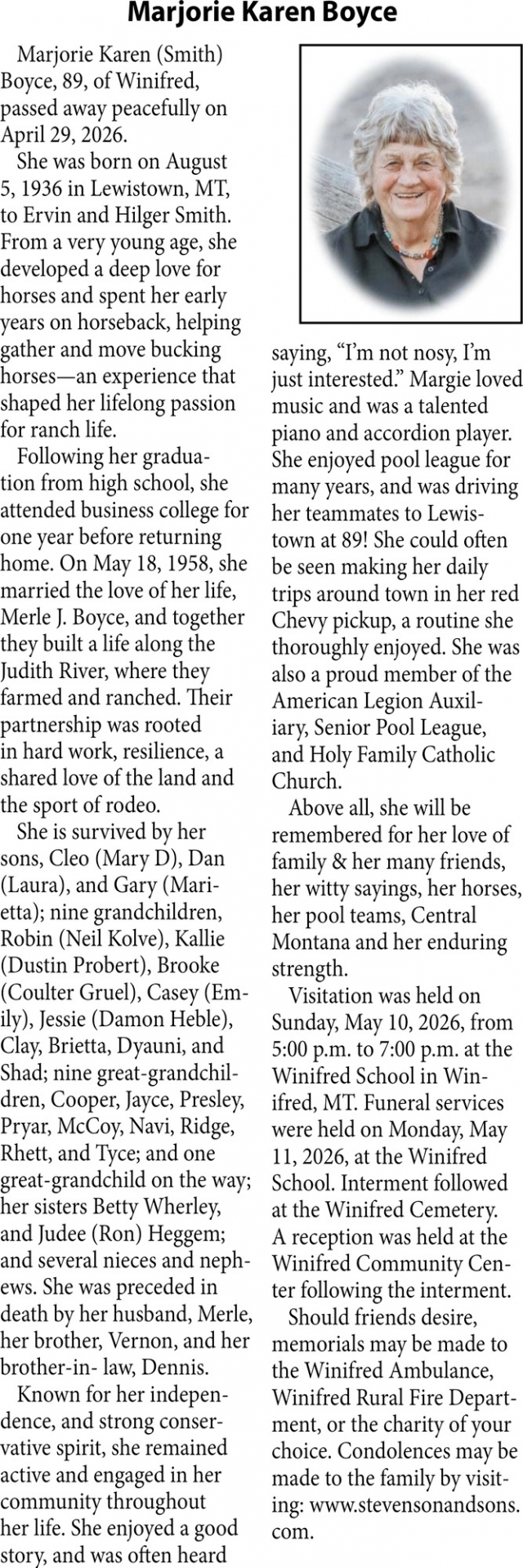 Marjorie Karen Boyce, Obituaries, Glendive, MT