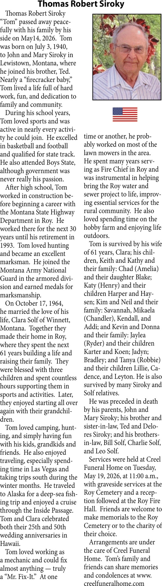Thomas Robert Siroky, Obituaries, Glendive, MT