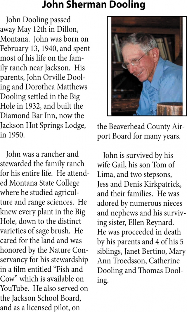 John Sherman Dooling, Obituaries, Glendive, MT