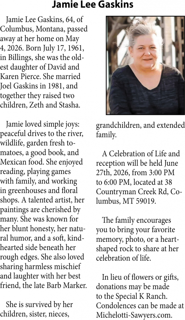 Jame Lee Gaskins, Obituaries, Glendive, MT