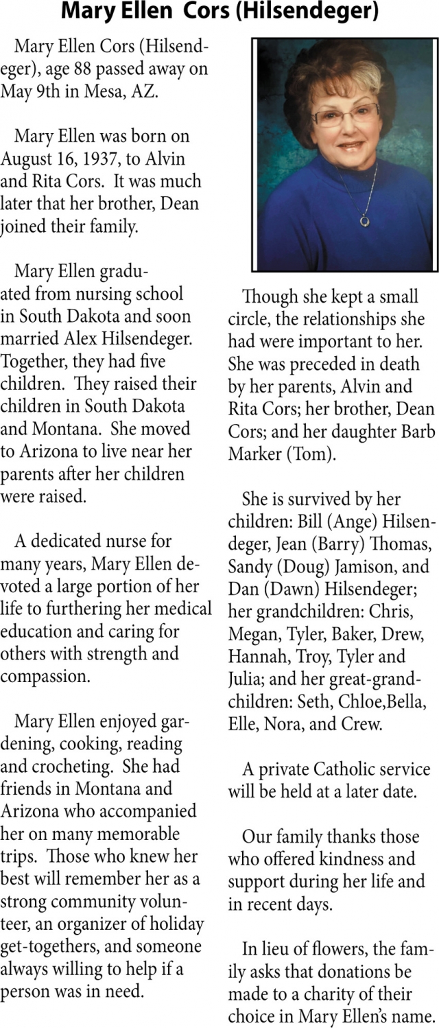 Mary Ellen Cors, Obituaries, Glendive, MT