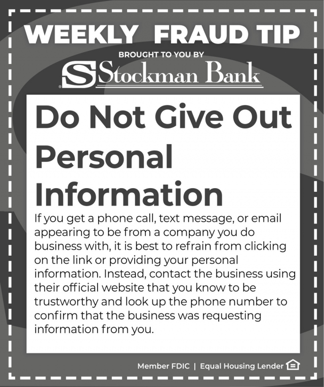 Weekly Fraud Tip, Stockman Bank
