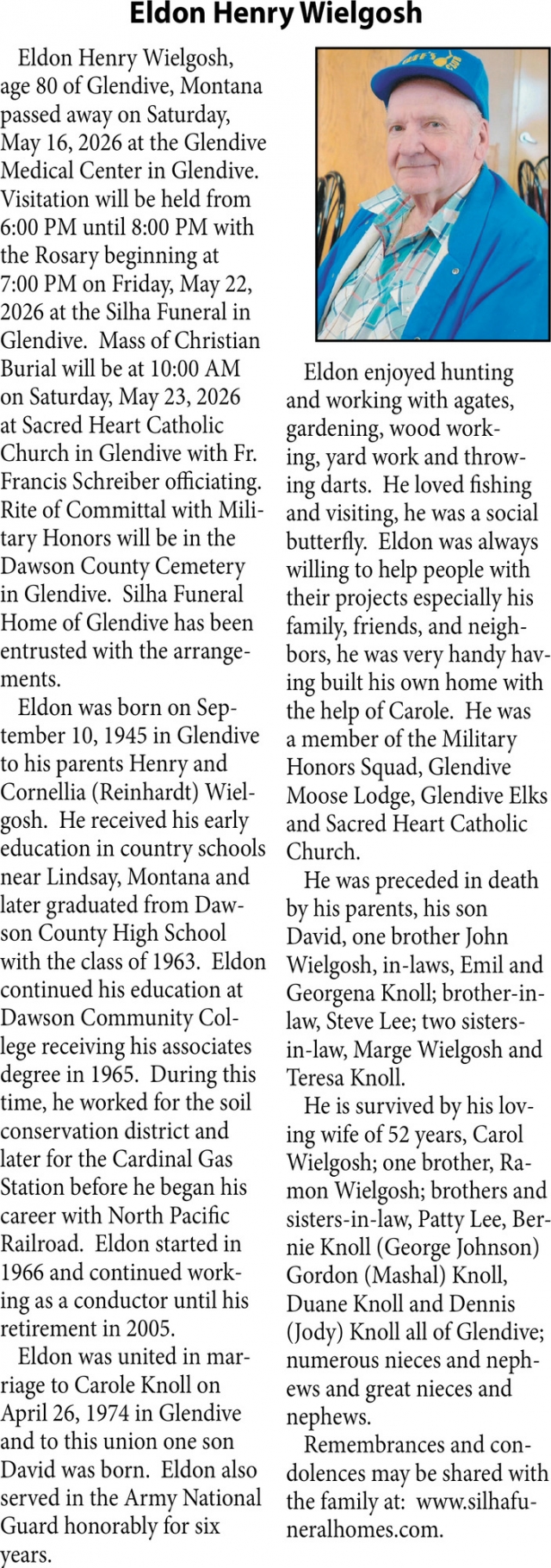 Eldon Henry Wielgosh, Obituaries, Glendive, MT