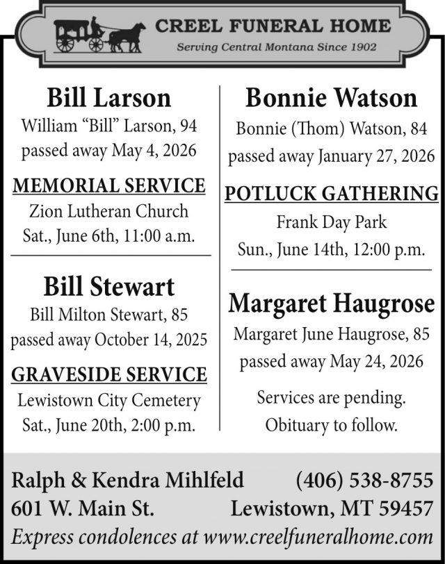 Funeral Services, Creel Funeral Home, Lewistown, MT