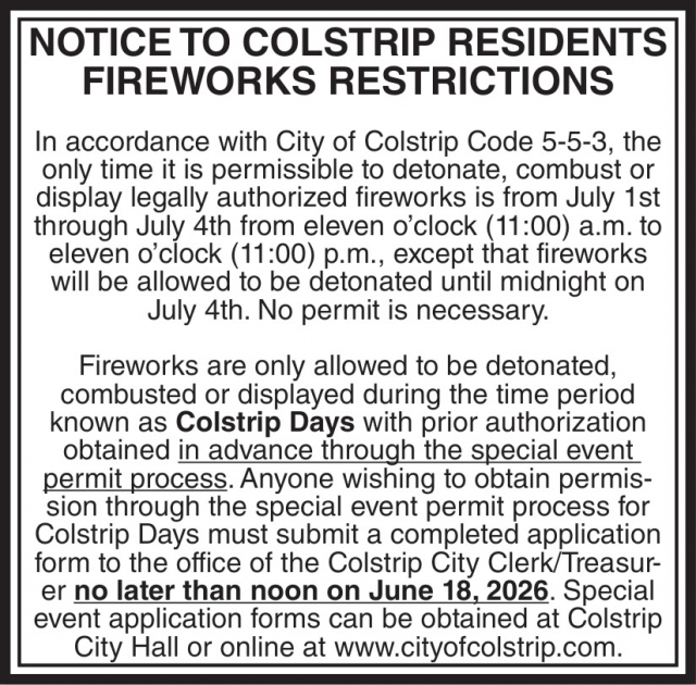 Notice, City of Colstrip, Colstrip, MT