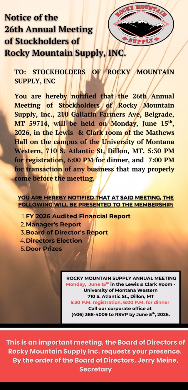 Notice of the 26th Annual Meeting of Stockholders, Rocky Mountain Supply, Dillon, MT