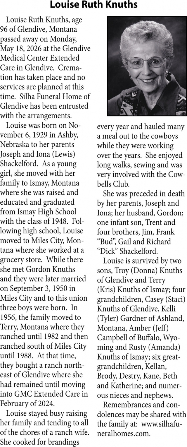 Louise Ruth Knuths, Obituaries, Glendive, MT