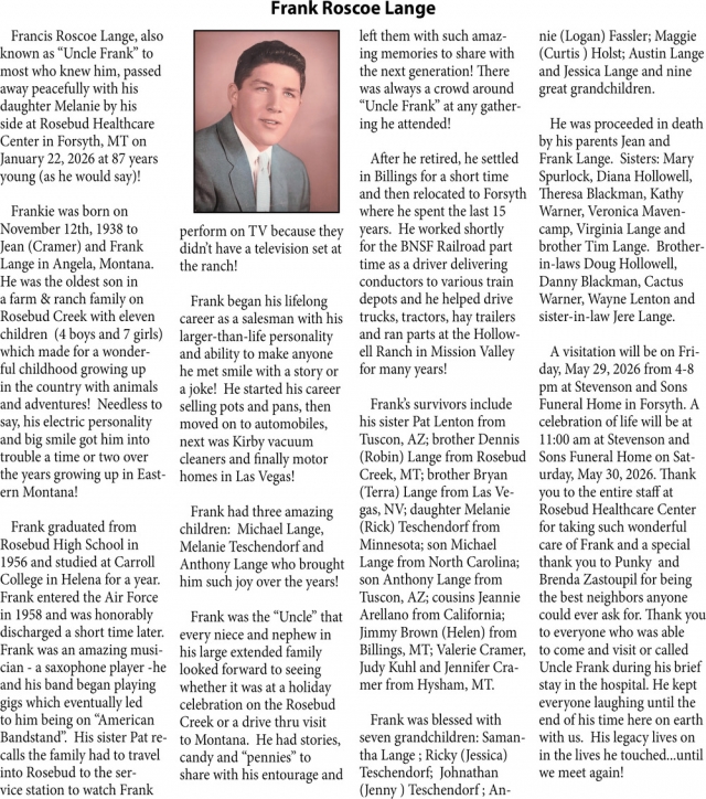 Frank Roscoe Lange, Obituaries, Glendive, MT