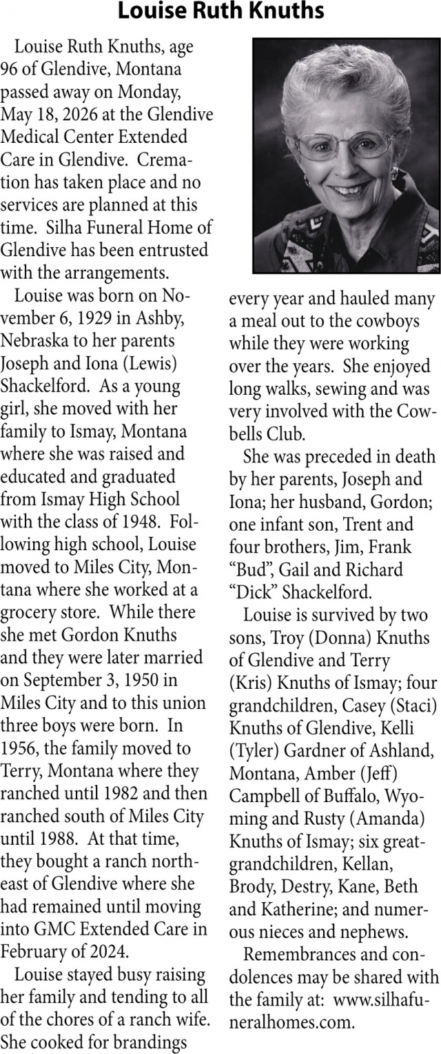 Louise Ruth Knuths, Obituaries, Glendive, MT