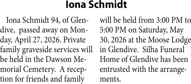 Iona Schmidt, Obituaries, Glendive, MT