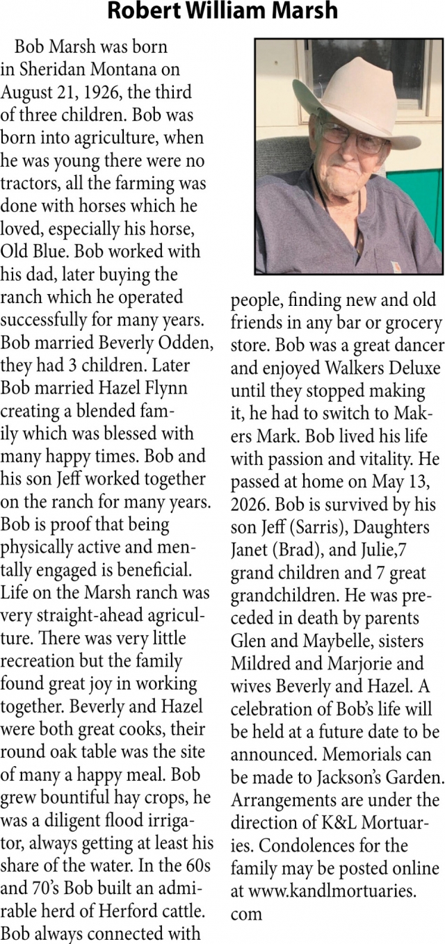 Robert William Marsh, Obituaries, Glendive, MT