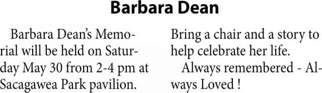 Barbara Dean, Obituaries, Glendive, MT