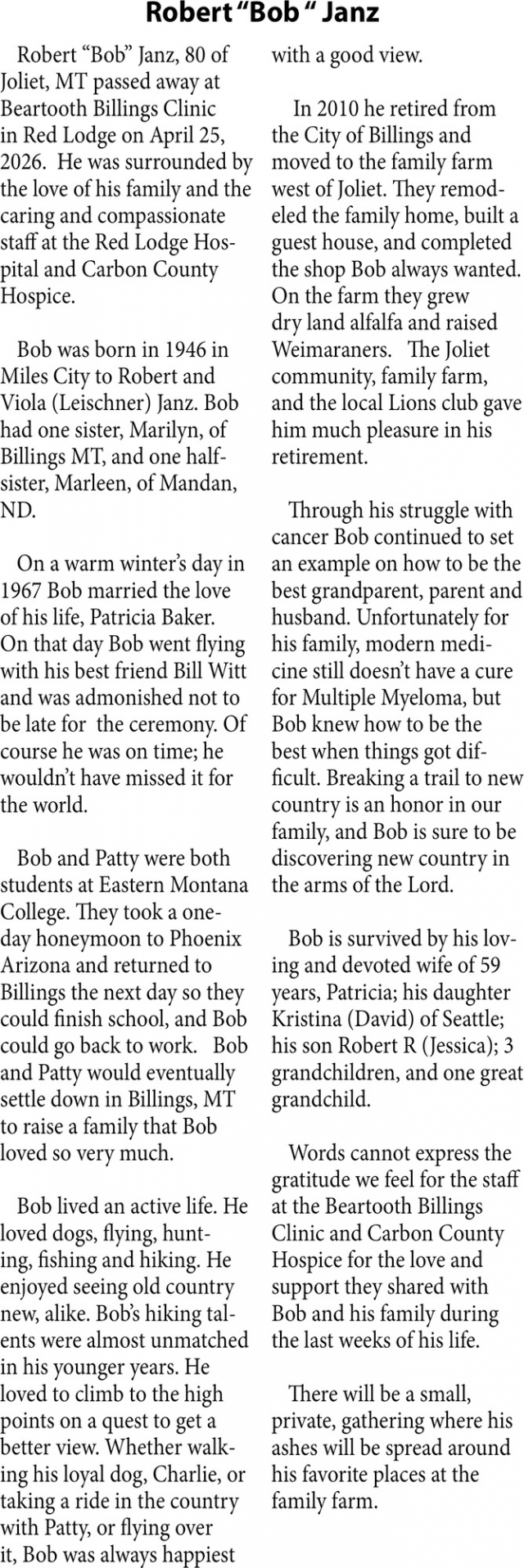 Robert Janz, Obituaries, Glendive, MT