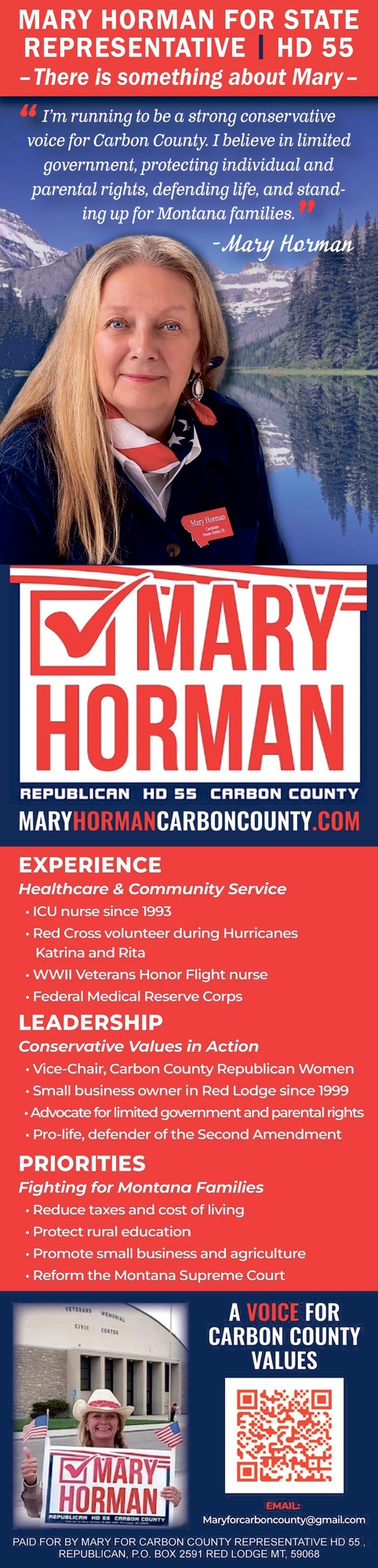 Mary Horman for State Representative HD 55, Mary Horman, Red Lodge, MT