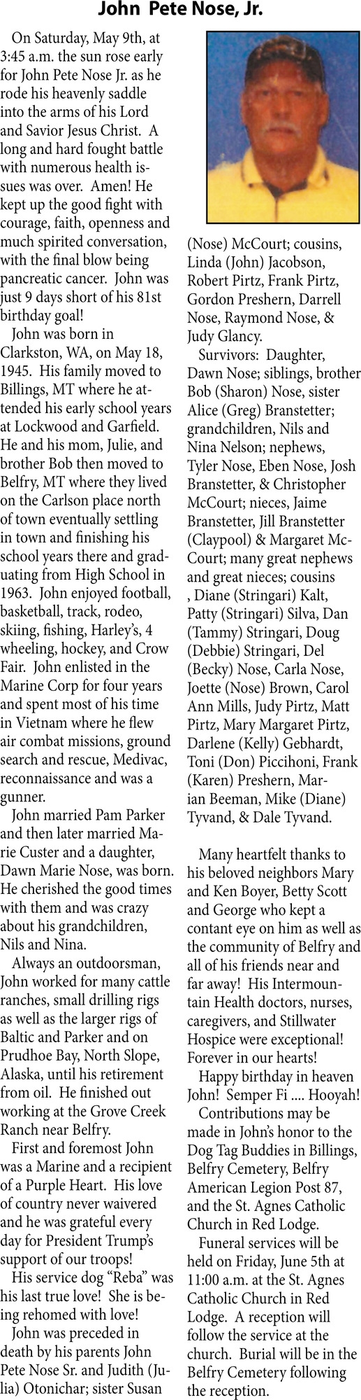 John Pete Nose, Jr., Obituaries, Glendive, MT