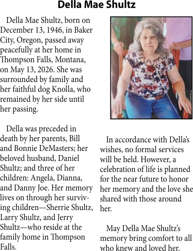 Della Mae Shultz, Obituaries, Glendive, MT
