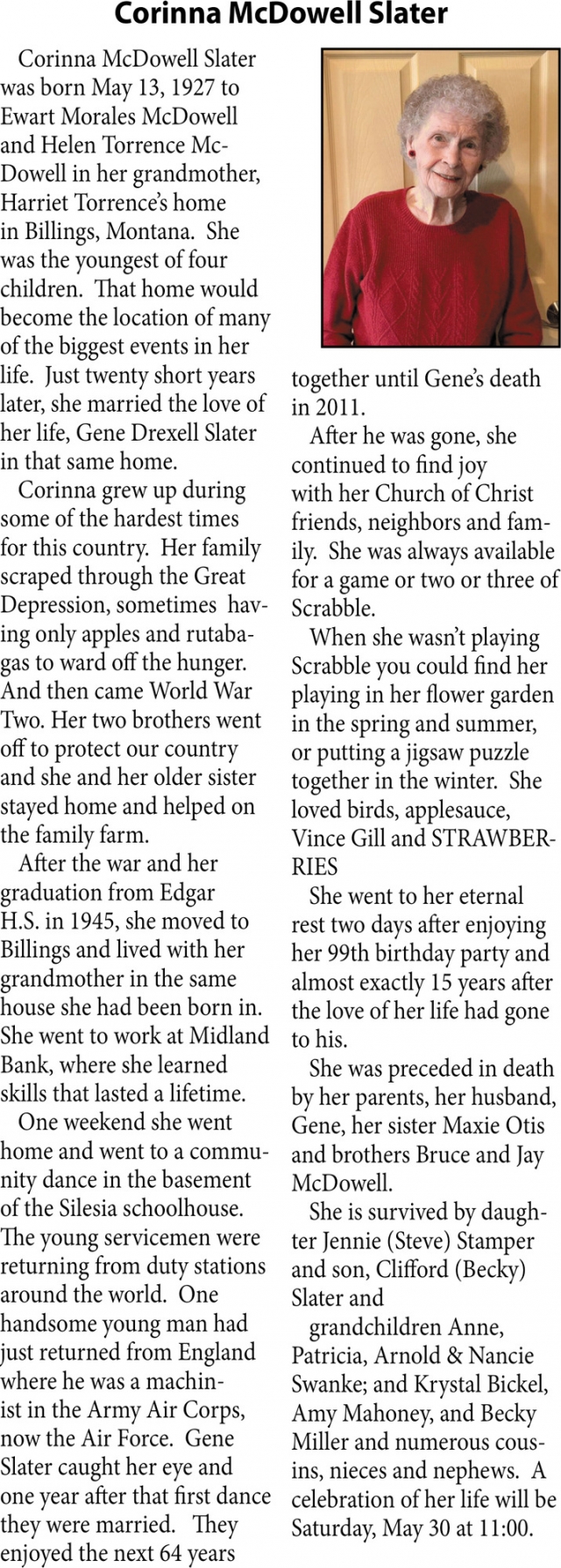 Corinna McDowell Slater, Obituaries, Glendive, MT