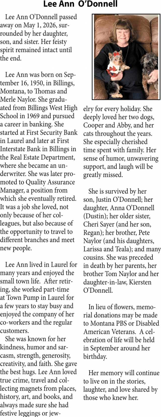 Lee Ann O'Donnell, Obituaries, Glendive, MT