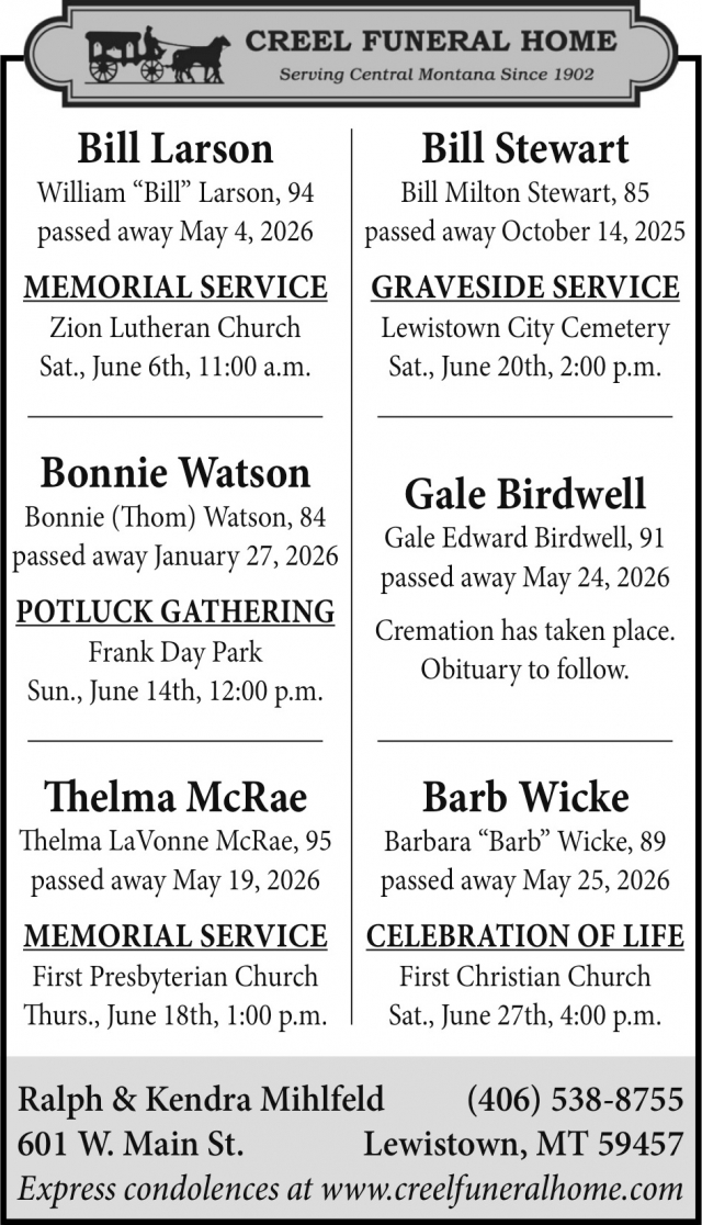 Funeral Services, Creel Funeral Home, Lewistown, MT