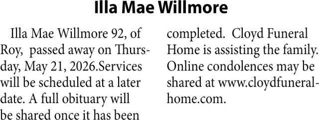 Illa Mae Willmore, Obituaries, Glendive, MT