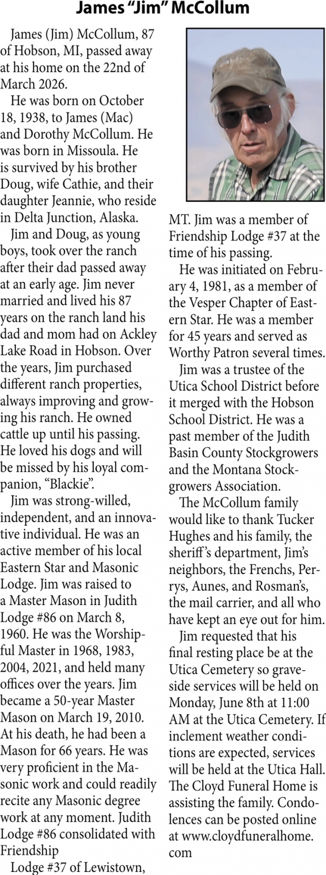 James McCollum, Obituaries, Glendive, MT