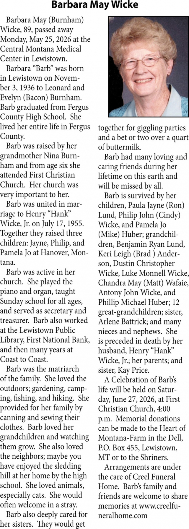 Barbara May Wicke, Obituaries, Glendive, MT
