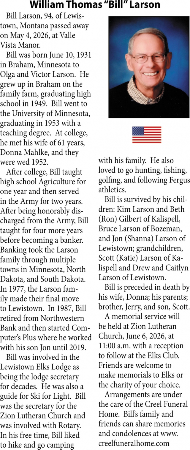William Thomas Larson, Obituaries, Glendive, MT