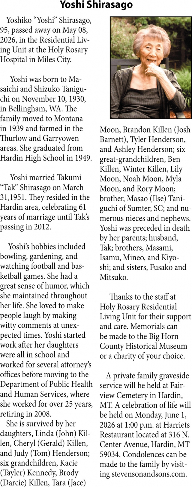 Yoshi Shirasago, Obituaries, Glendive, MT
