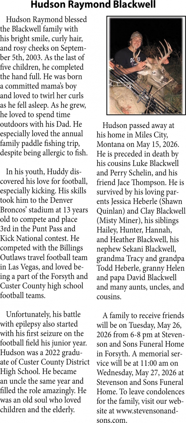 Hudson Raymond Blackwell, Obituaries, Glendive, MT