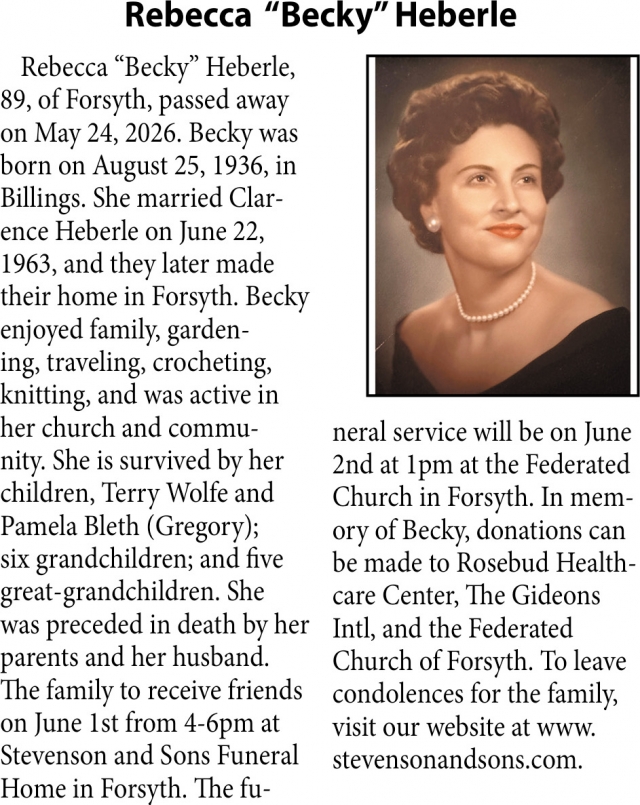 Rebecca Heberle, Obituaries, Glendive, MT