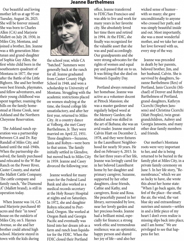 Jeanne Barthelmess, Obituaries, Glendive, MT