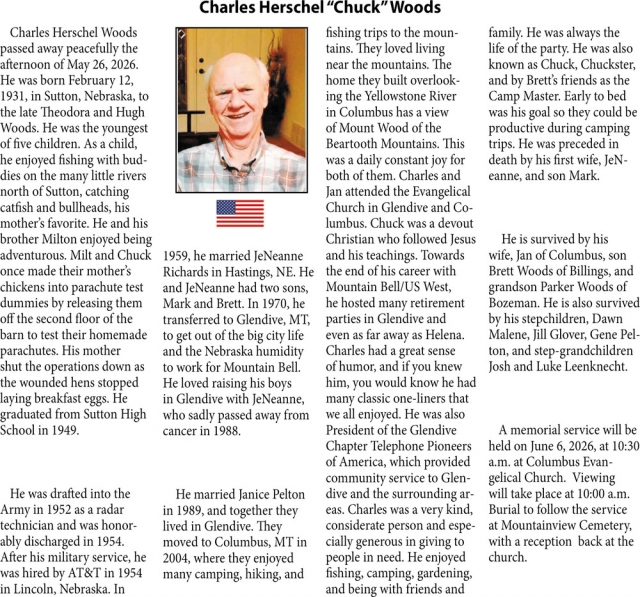 Charles Herschel Woods, Obituaries, Glendive, MT