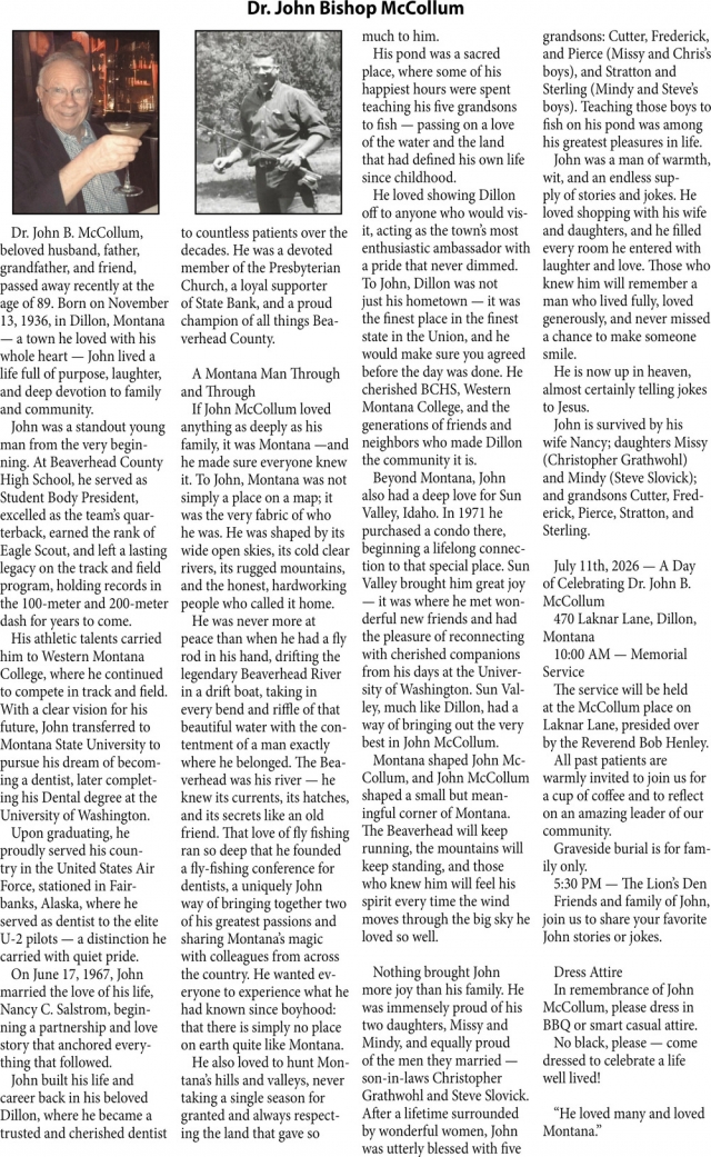 Dr. John Bishop McCollum, Obituaries, Glendive, MT