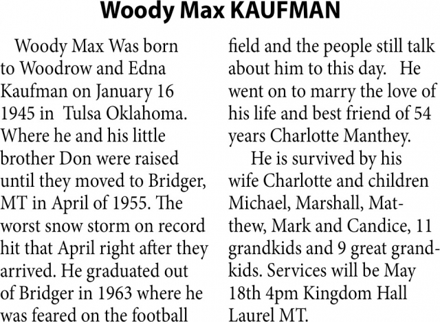Woody Max Kaufman, Obituaries, Glendive, MT