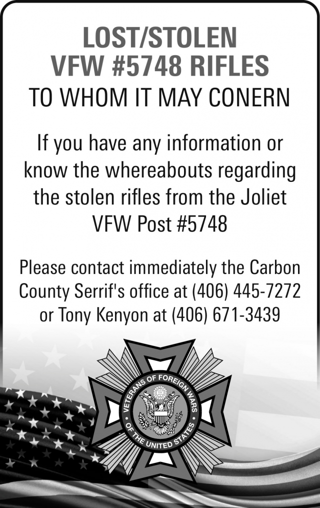 Lost/Stolen VFW #5748 Rifles, VFW Post #5748