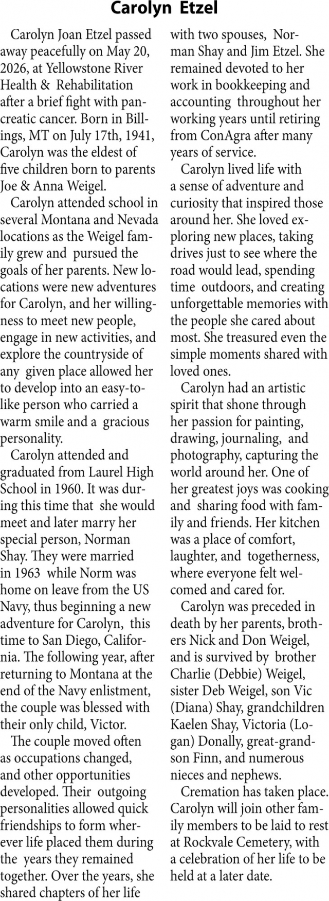 Carolun Etzel, Obituaries, Glendive, MT