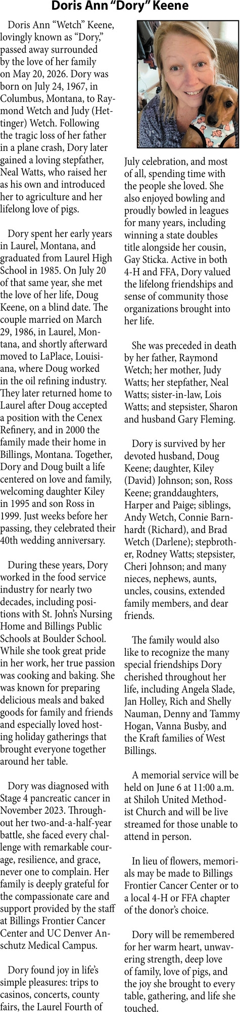 Doris Ann Keene, Obituaries, Glendive, MT