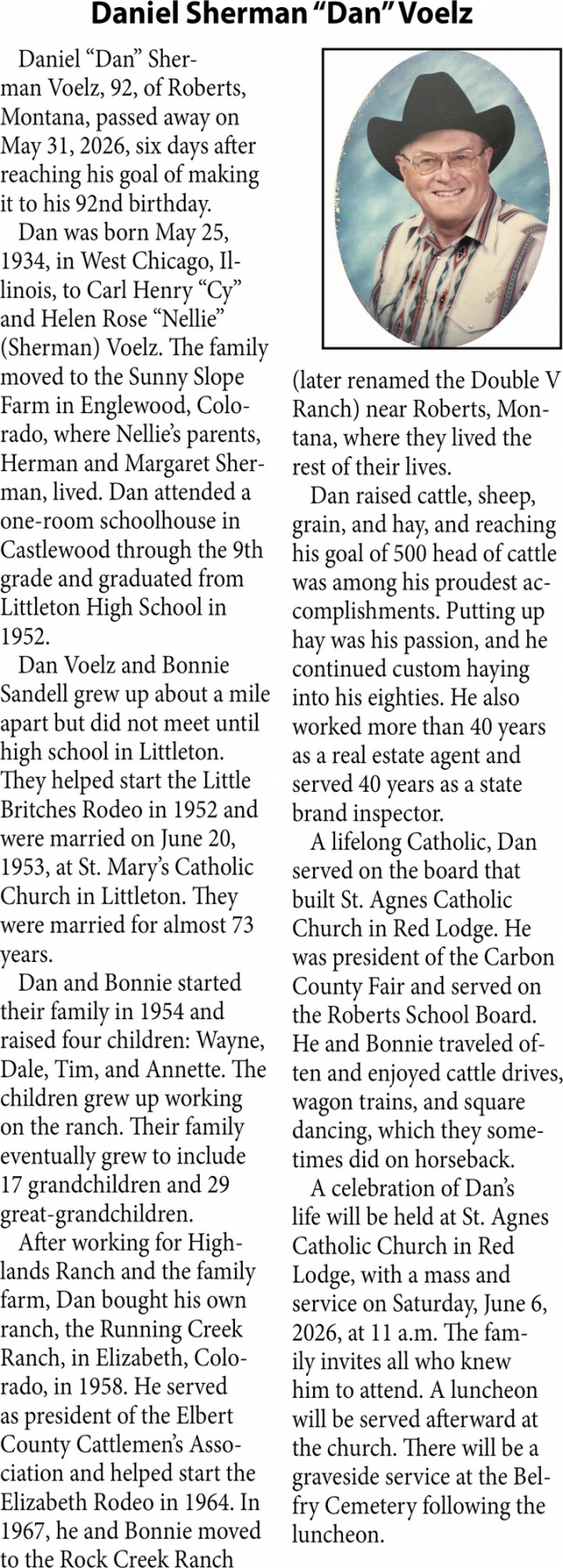 Daniel Sherman Voelz, Obituaries, Glendive, MT