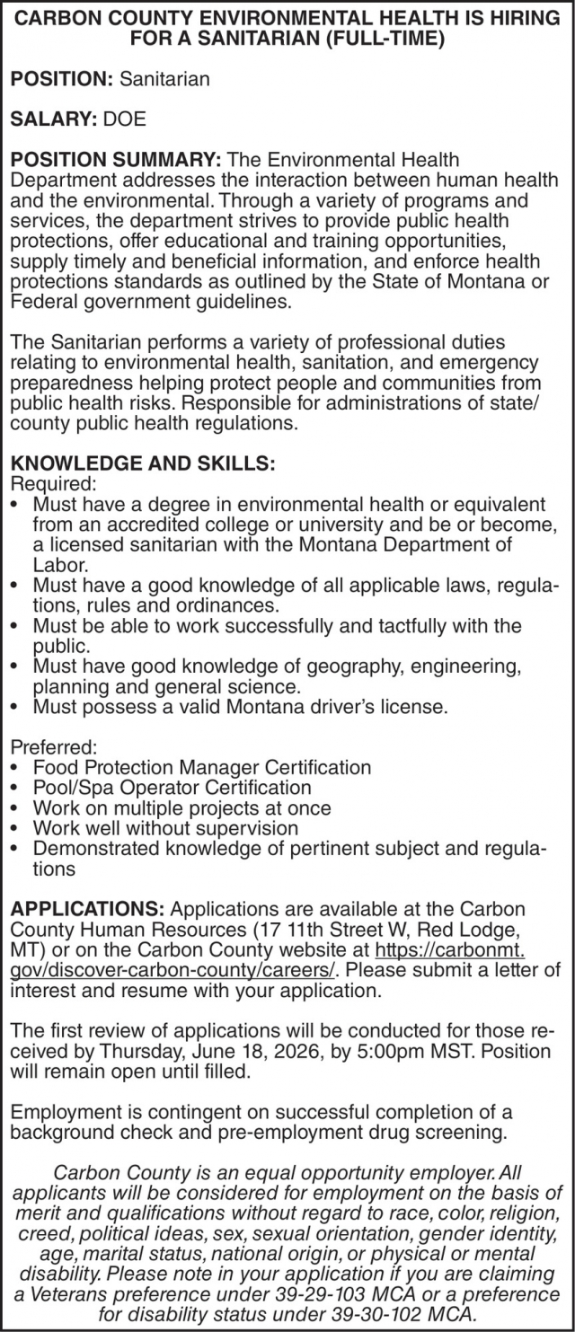 Sanitarian, Carbon County Environmental Health