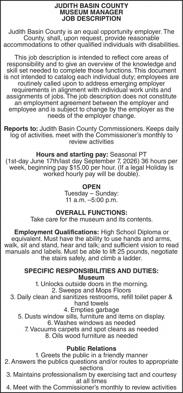 Museum Manager, Judith Basin County