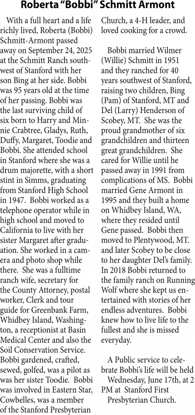 Roberta Schmitt Armont, Obituaries, Glendive, MT