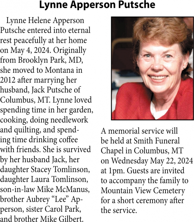 Lynne Apperson Putsche, Obituaries, Glendive, MT