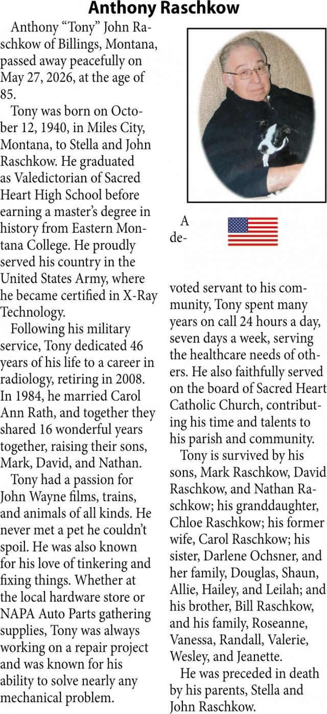 Anthony Raschkow, Obituaries, Glendive, MT